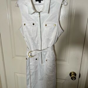 Sharagano White Zip-Front Belted Midi Dress